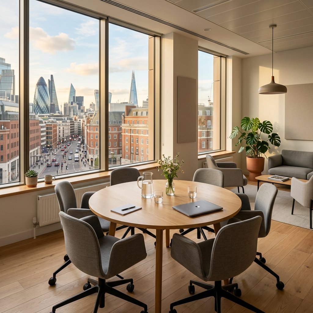 Clean modern UK meeting room with natural light and a professional welcoming atmosphere
