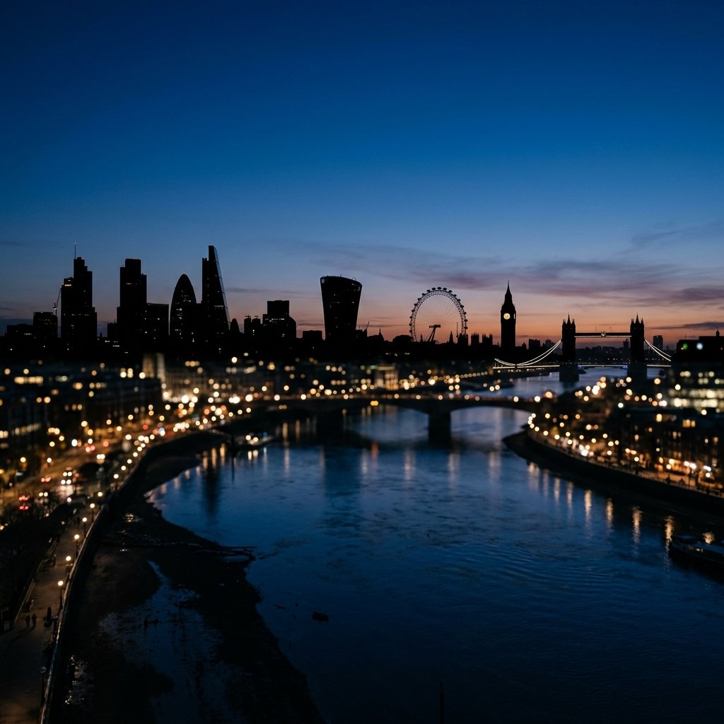 British urban skyline at dusk with soft blue tones